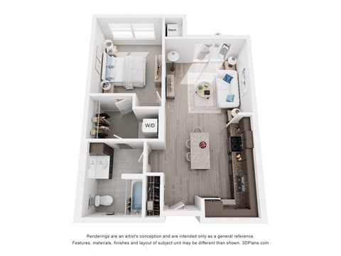 Floor plan for 1 bed, 1 bath, 743 sqft